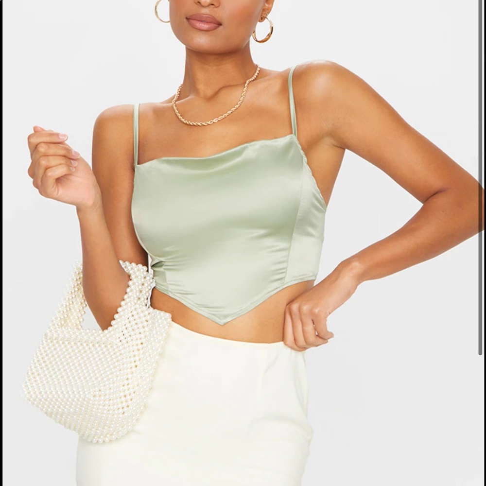 Sage satin crawl neck crop top